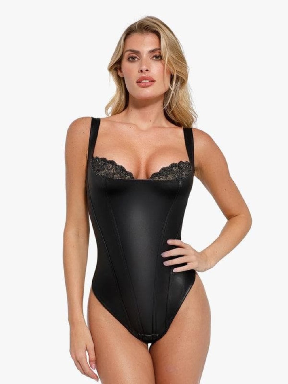 NWT POPILUSH Shapewear Faux Leather Lace Balconette Sculpting Bodysuit - L